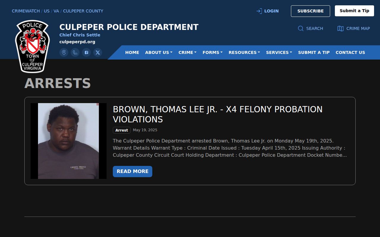 Culpeper Police Department official arrest-record publication interface for Culpeper arrest records