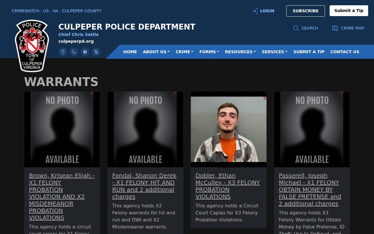 Culpeper County CPD warrant publication interface for wanted-record notices