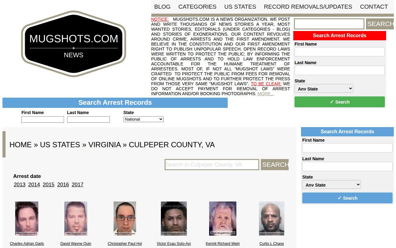 Culpeper County historical third-party mugshot record category