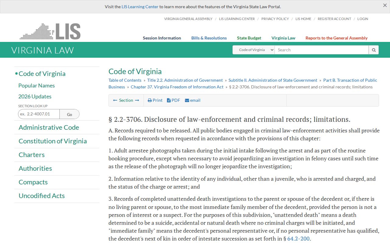 Virginia law on Culpeper County booking-photo records